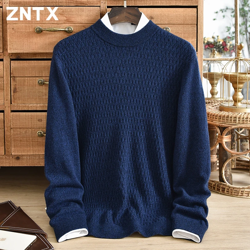 Men\'s 100% pure cashmere sweater with half high collar and thick stripes for winter warmth cover, middle-aged knitted sweater