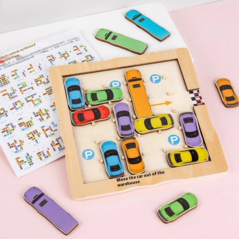 Moving The Car Out Of The Library Is A Wooden Car Game Toy That Exercises Children's Logical Thinking And Intelligenc