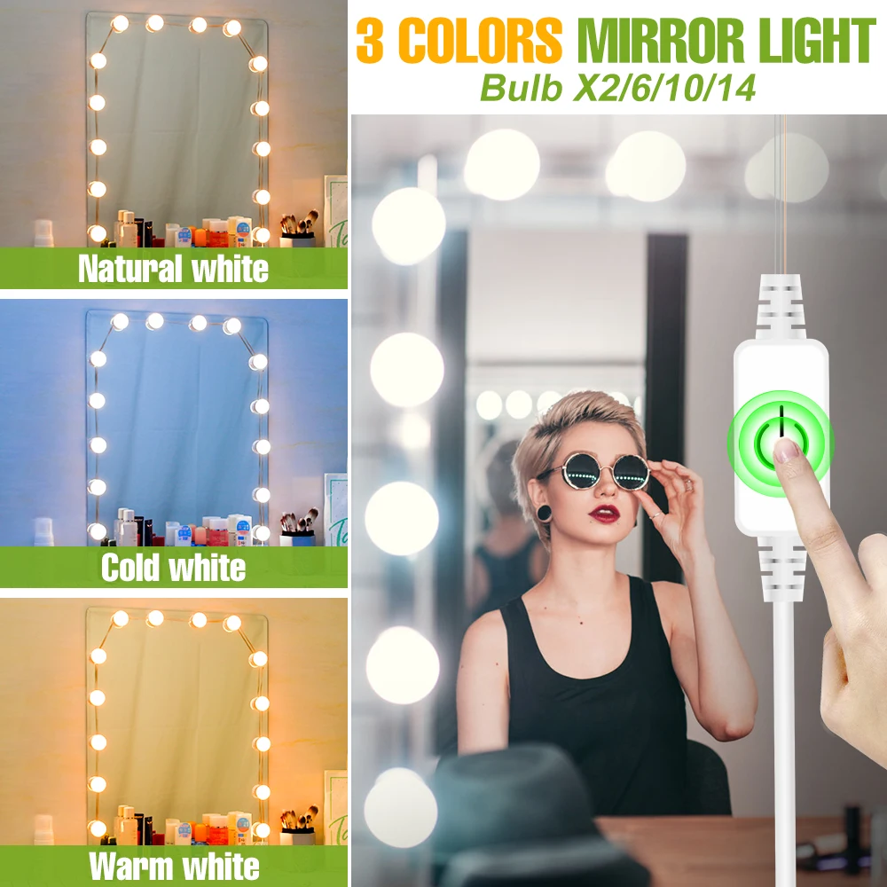 LED Makeup Mirror Light Bulbs Bathroom Dressing Table Lamp Touch Dimmable Vanity Lights 3 Modes DC5V For Home Bedroom Decoration