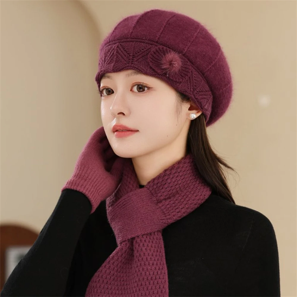 الشتاء أمي قبعة وشاح المرأة المألوف الأرنب الفراء قبعات منسوجة الطقس البارد قبعة تدفئة عادية في الهواء الطلق محبوك قبعة #5