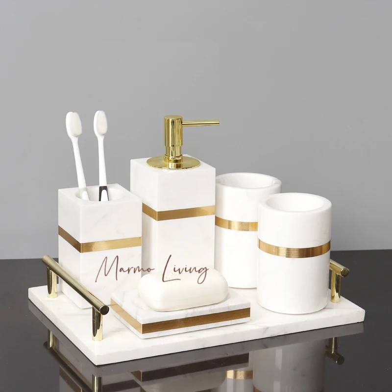 Volakos White Natural Marble Bathroom Accessories Golden Luxury Soap Dispenser Soap Dish Tray Tissue Box Bathroom Set