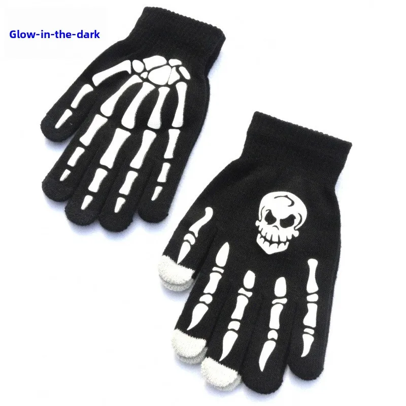 Adult halloween skull ghost claw print fluorescent glow-in-the-dark gloves outdoor cycling warm knit gloves