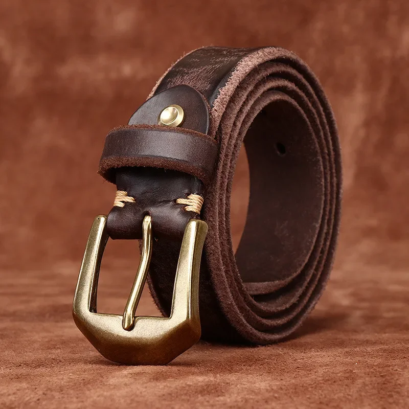 3.8CM rugged domineering thickened extra thick leather top layer cowhide leather belt  men's copper buckle raw edge wool botto
