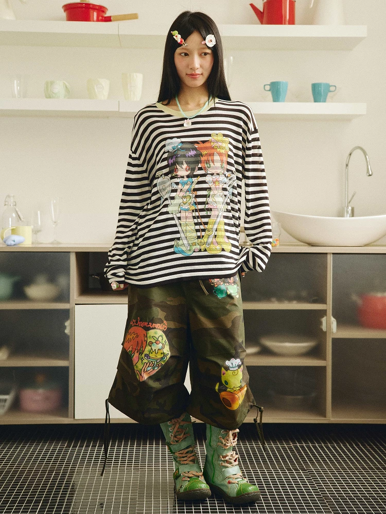 

Haveal X Bird Bird Collaborative Stripe Knitwear Casual Long Sve round Ne Mid-Length Cover up Vintage Print T-irt