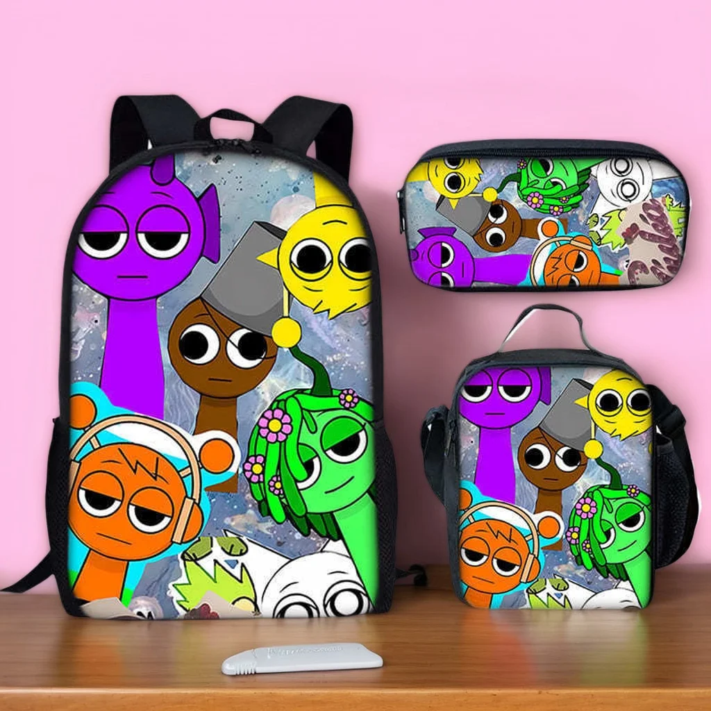 

Boys Girls Sprunki 3 in 1 School Backpack Set-Lightweight Casual Daypack-Graphic Bookbag+Lunch Bag+Pencil Case