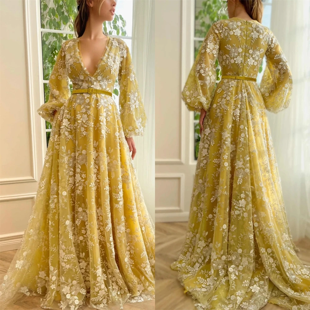 

Customized High Quality Flowers Tulle Evening Dress Exquisite V-Neck Prom Dresses Delicate Long Sleeves Special Occasion Gowns