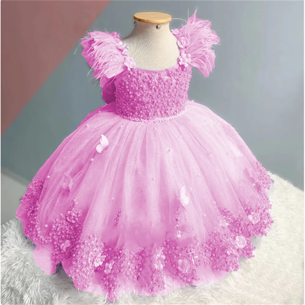 3D Butterfly luxury Feather Flower Girl Dress Wedding Pink With Pearls Bow Puffy Tulle Birthday Party Baptism Communion Gown