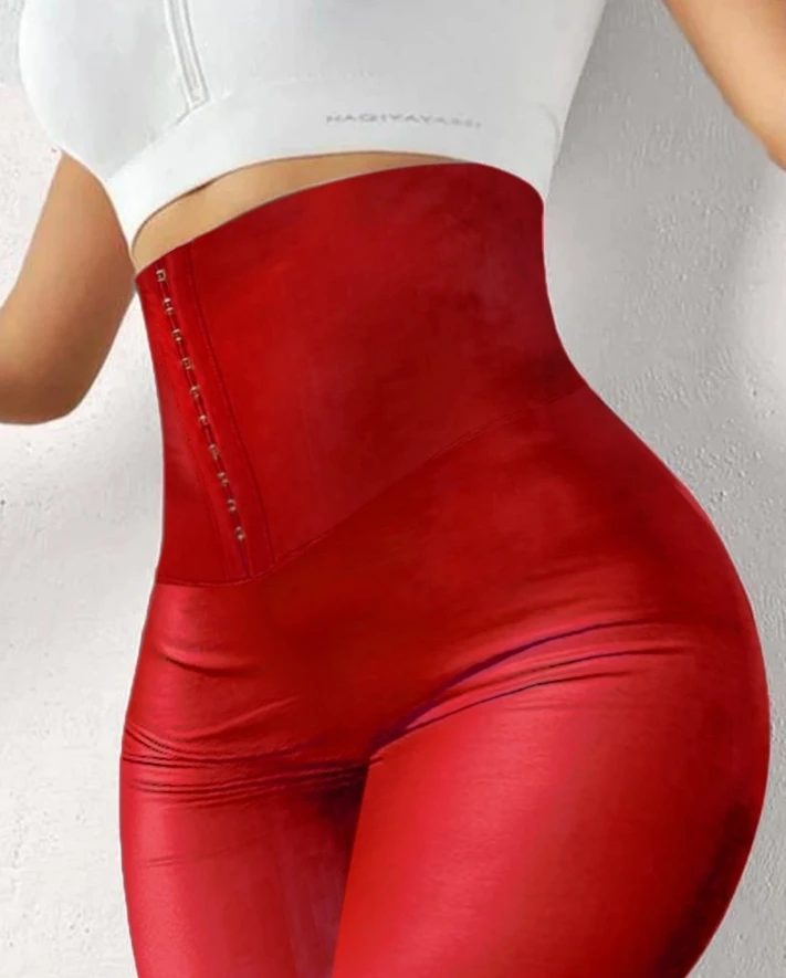 2024 Xiamen Girls' New Hook Up Liquid Gloss Sauna Sweat Pu Leather High Waisted Tight Pants In Stock