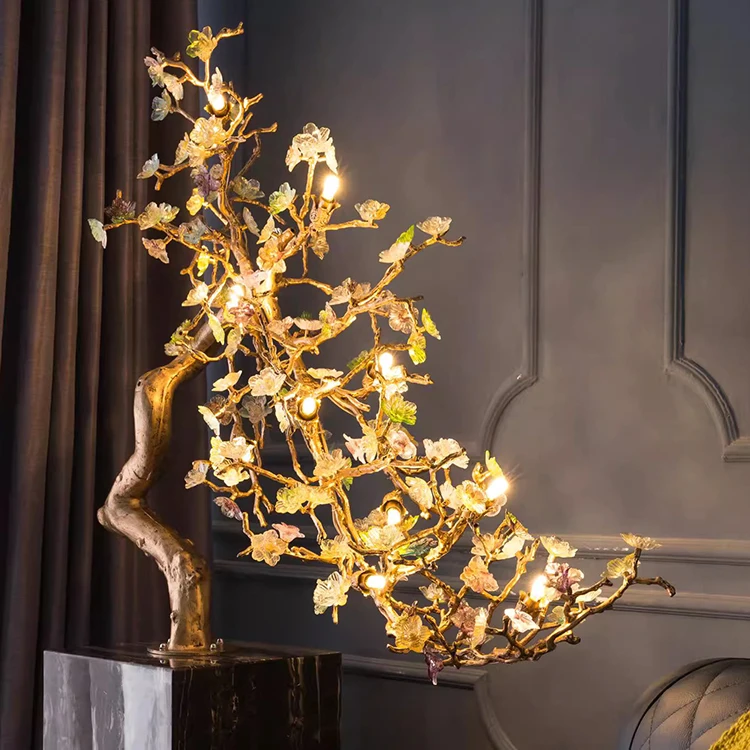 Handcrafted Luxury Art Floor Light with Marble and Brass Body Blue Yellow Red Light