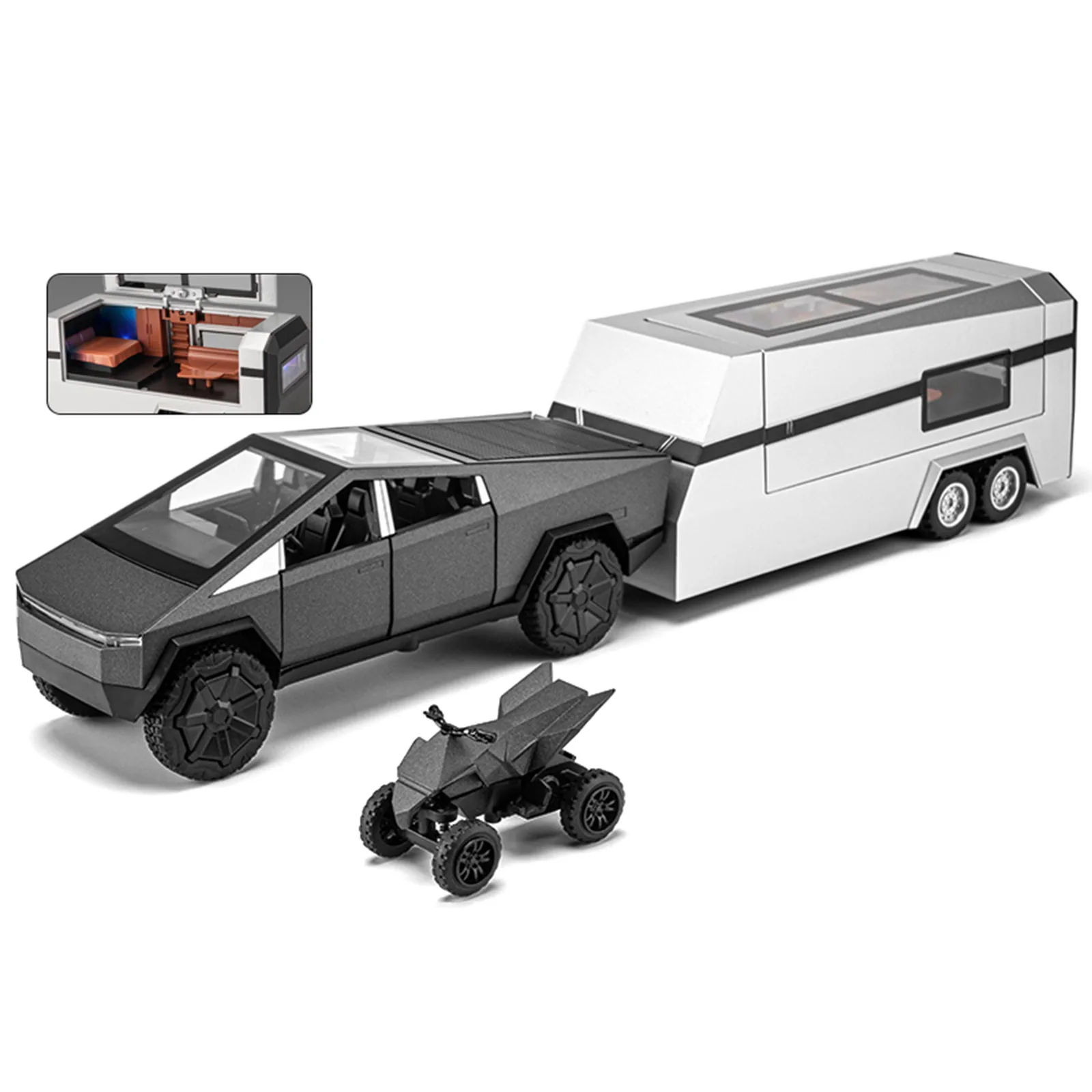 Modello in lega di simulazione camper con rimorchio per camioncino 1: 32, giocattolo per ragazzi, illuminazione, rimbalzo, modello di auto di vendita caldo