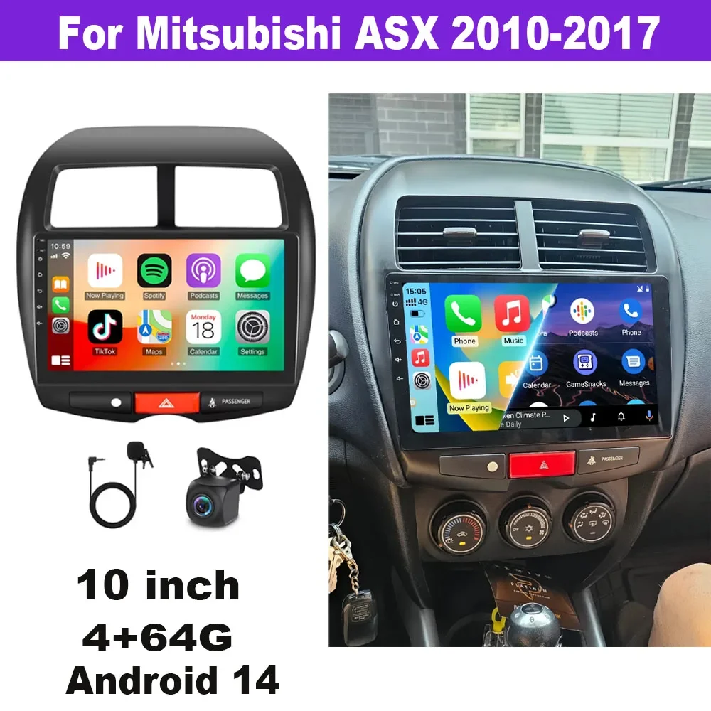 10'' Autoradio für Mitsubishi ASX 2010-2017 mit Wireless Carplay Android Auto 4+64G Android 14 GPS Navi Bluetooth Wifi