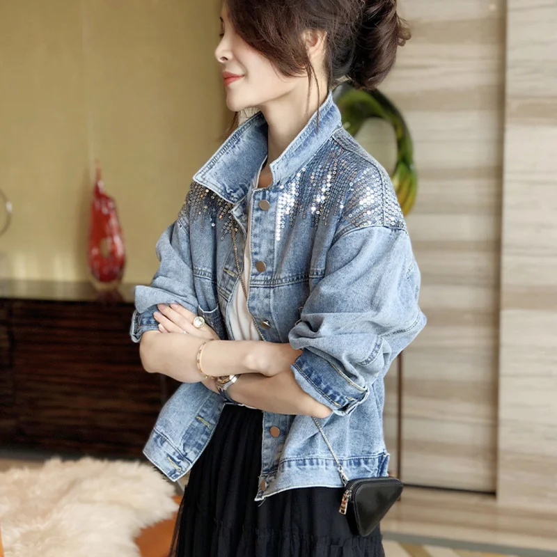 Blue Short Sequin Pocket Denim Jacket Women\'s Casual Denim Spring Autumn New Loose Fashion Jeans Jacket Women Long Sleeve Coat