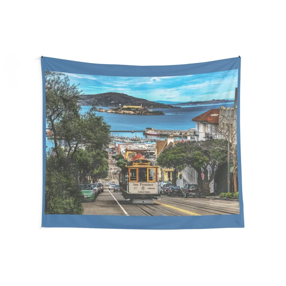 

San Francisco, California - Iconic Cable Car and Alcatraz Island Tapestry Outdoor Decor Home And Comfort Decor Tapestry