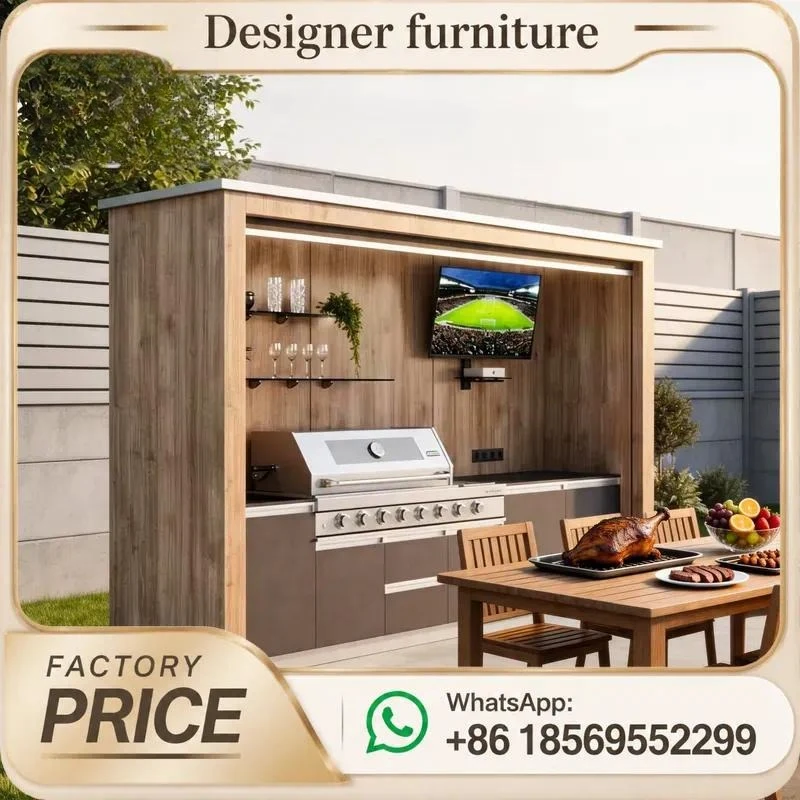 304 Stainless Steel Hydraulic Canopy Outdoor Kitchen Integrated BBQ Sink Fridge For Garden Terrace Weatherproof Enclosed