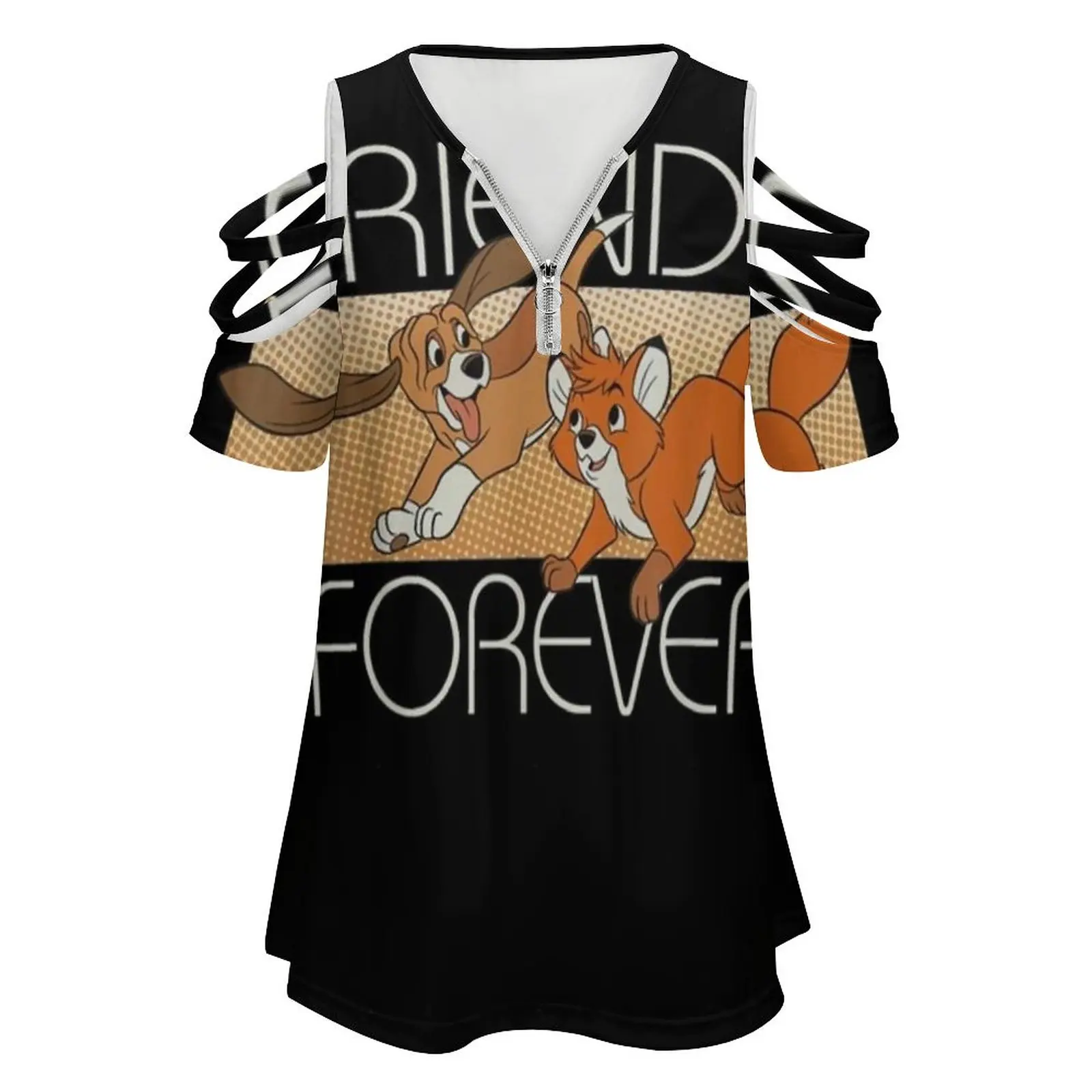 The Fox And The Hound Friends Forever Women's T-Shirt Summer Fashion Print Floral V-Neck Zipper Tshirt Hollow Pullover Ladies