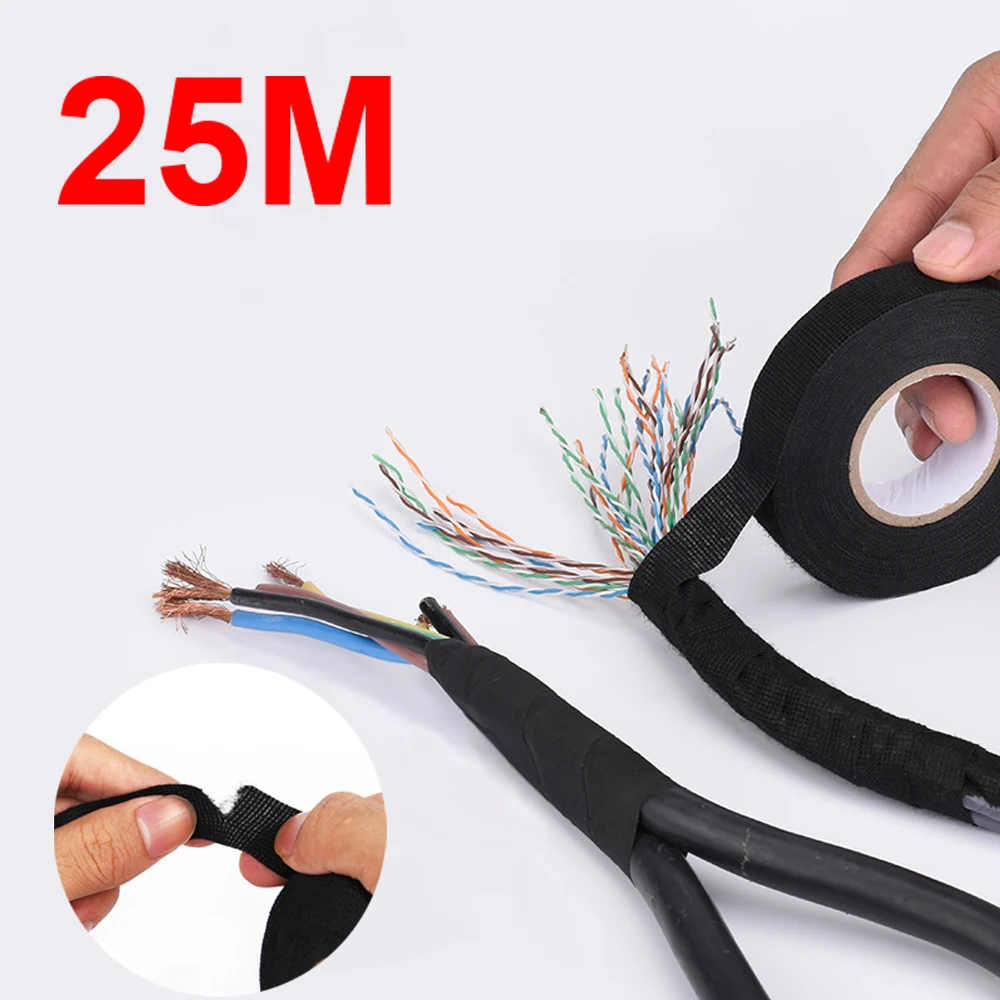 25 Meter Heat-resistant Fabric Tape Black Adhesive Electrical Insulating Cloth Tape for Car Cable Harness Wiring Loom Protection