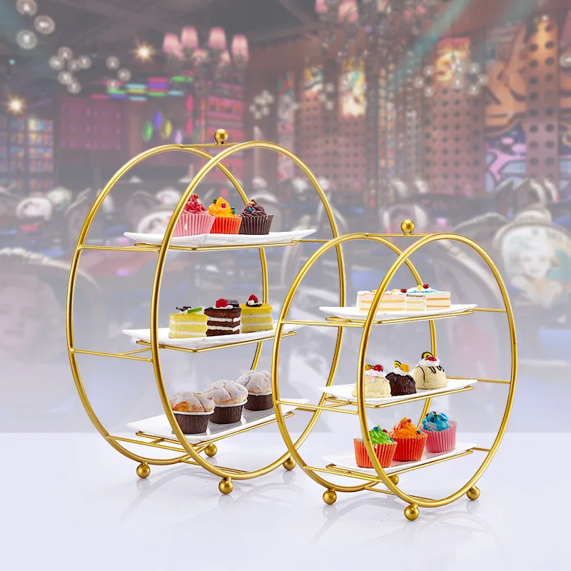 Gold-plated round coffee break display stand Buffet three-layer snack stand banquet cold meal dessert table