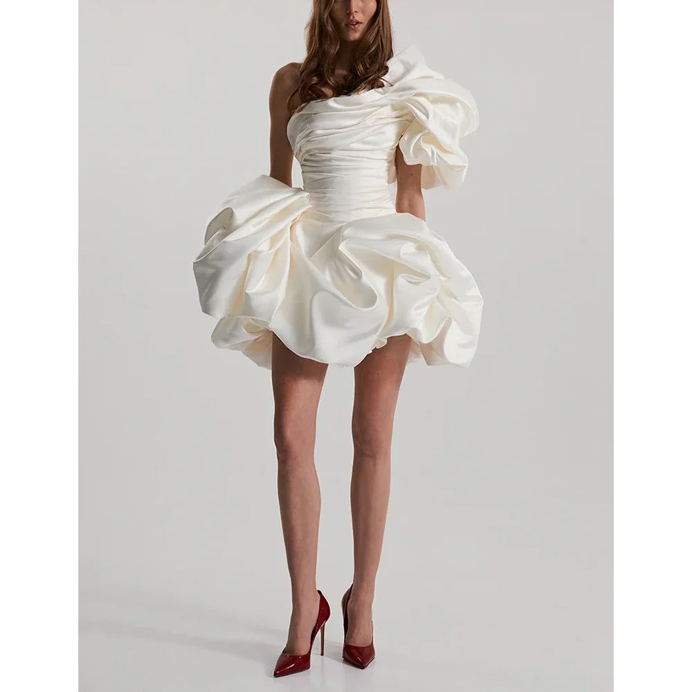 White One Shoulder Ruffled Mini Wedding Dress Ruched Waist Shiny Satin Asymmetric Bubble Hem Cocktail Party Bridal Gown