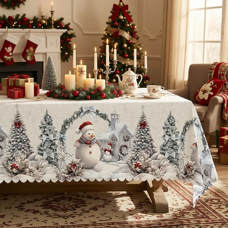 Winter Snowman Village and Fir Tree Printed Tablecloth for Christmas Dining Room Decor polyester, washable, clearance sale