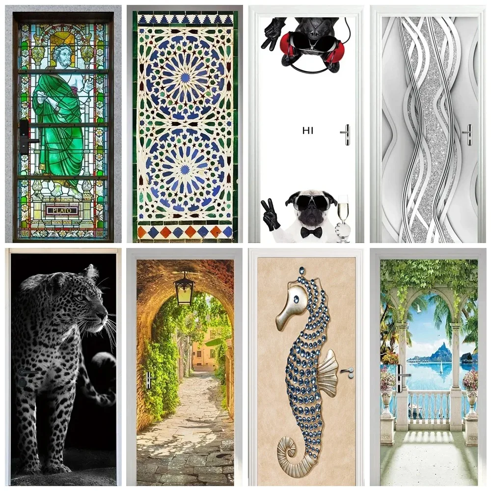 

Stained Glass Door Sticker Moroccan Mosaic Funny Leopard Seahorse Tropical Scenery Removable Self Adhesive Wallpaper Home Decor