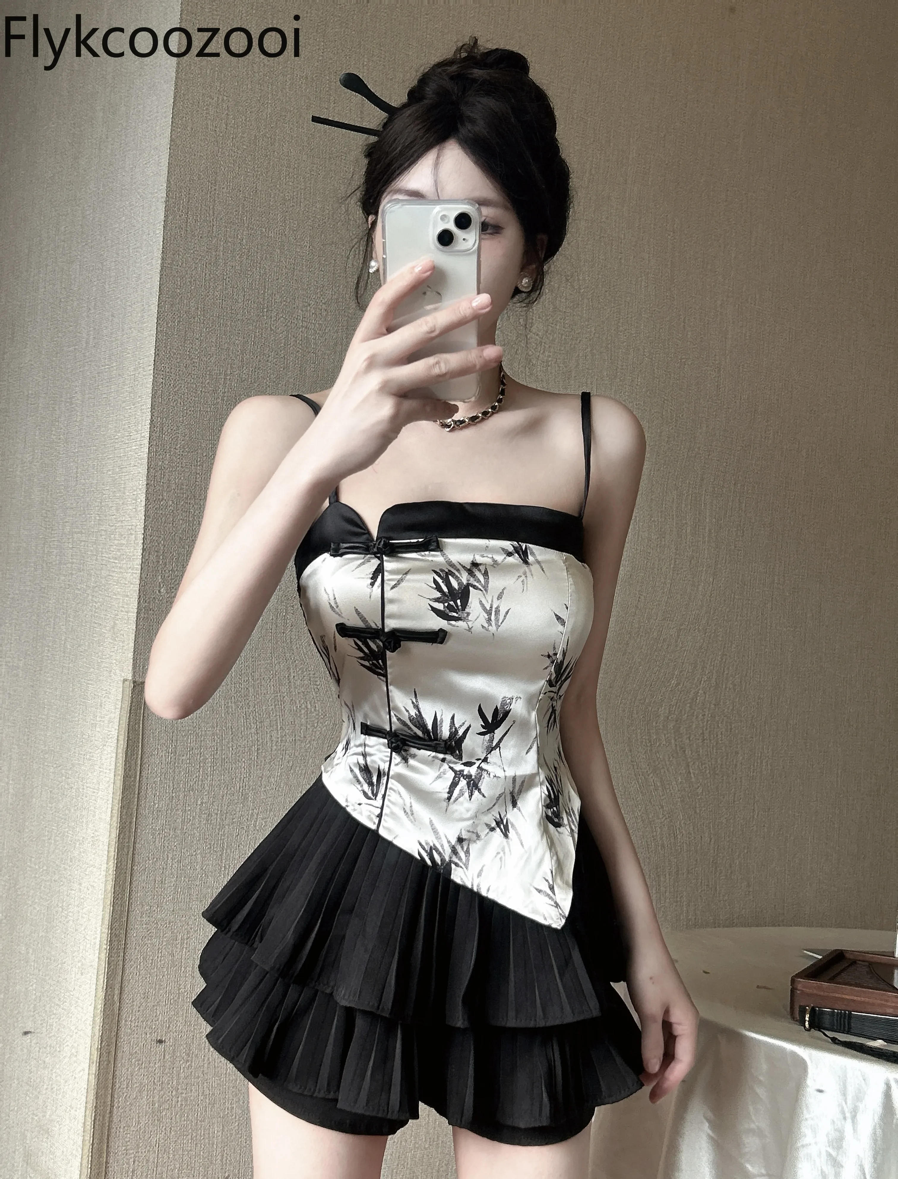 Chinese Style Retro Ink Printing Irregular Double Strap + High Waist Cake Shaped Skirt Set Conjunto Saia E Blusa Elegante