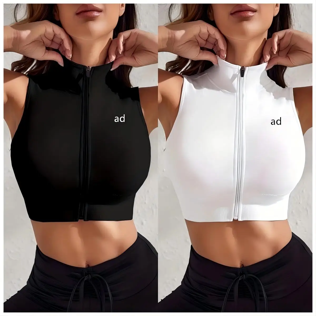 New seamless, tight fitting, breathable yoga vest for running and fitness, sleeveless zipper integrated high neck top