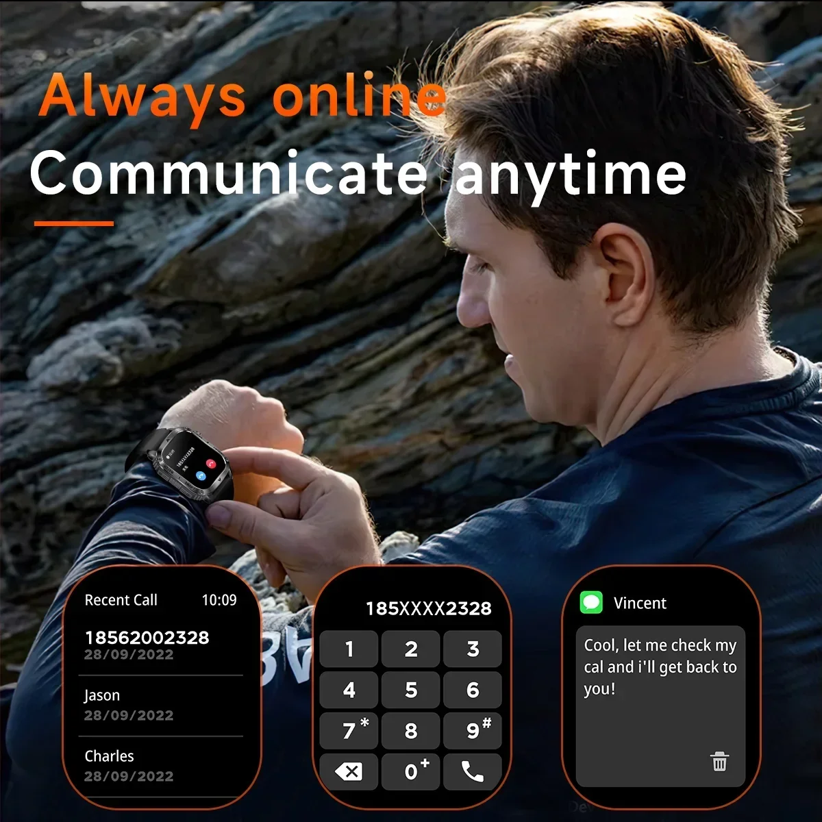 KAPULUN AK80 2.01" HD Large Screen LED Flashlight Outdoor 100+ Sports Modes Heart Rate Bluetooth Call Smartwatch For Men Women