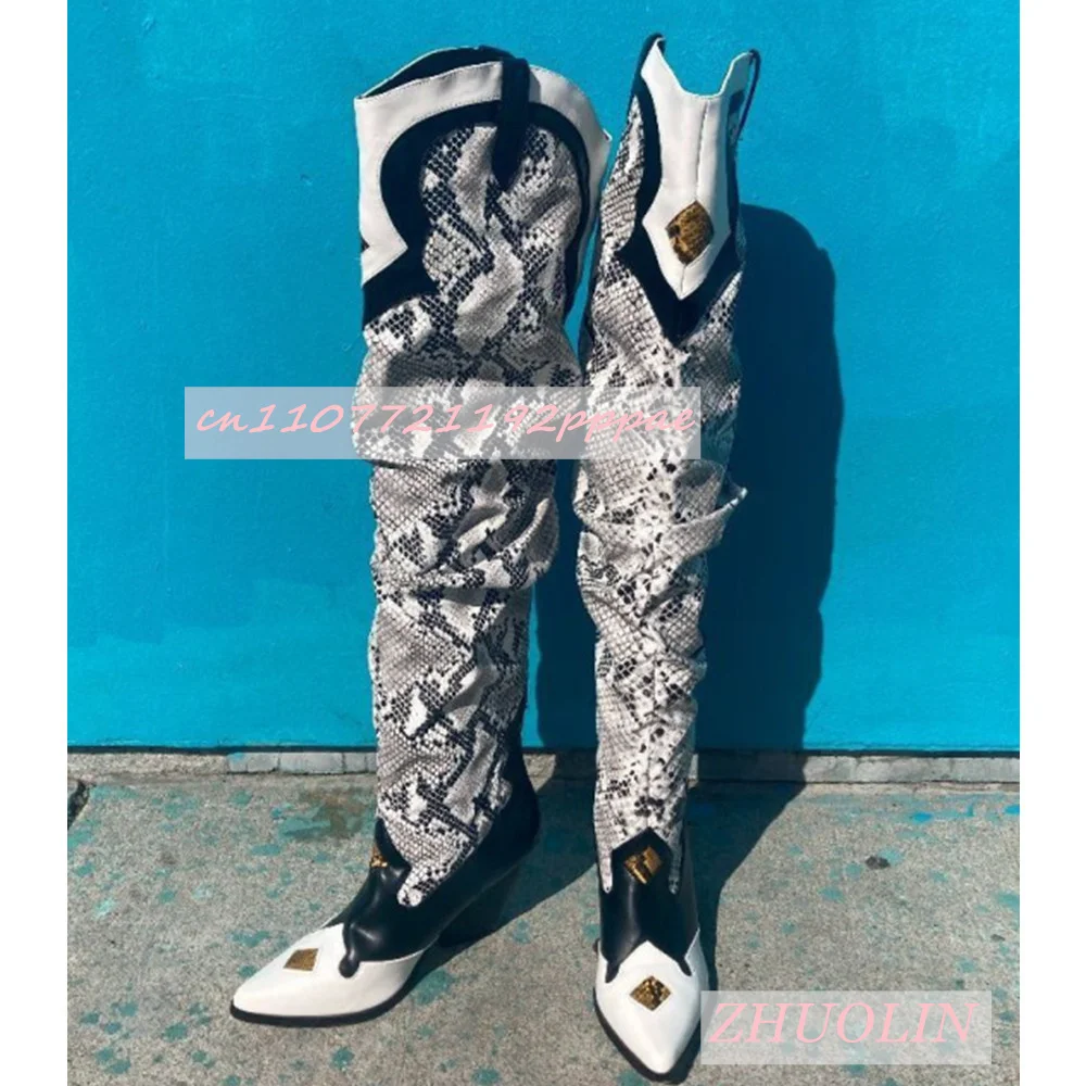 

Зимние сапоги выше колена со змеиным узором и острым носком, плиссированные высокие сапоги в стиле вестерн на толстом каблуке, рыцарские сапоги для женщин 45