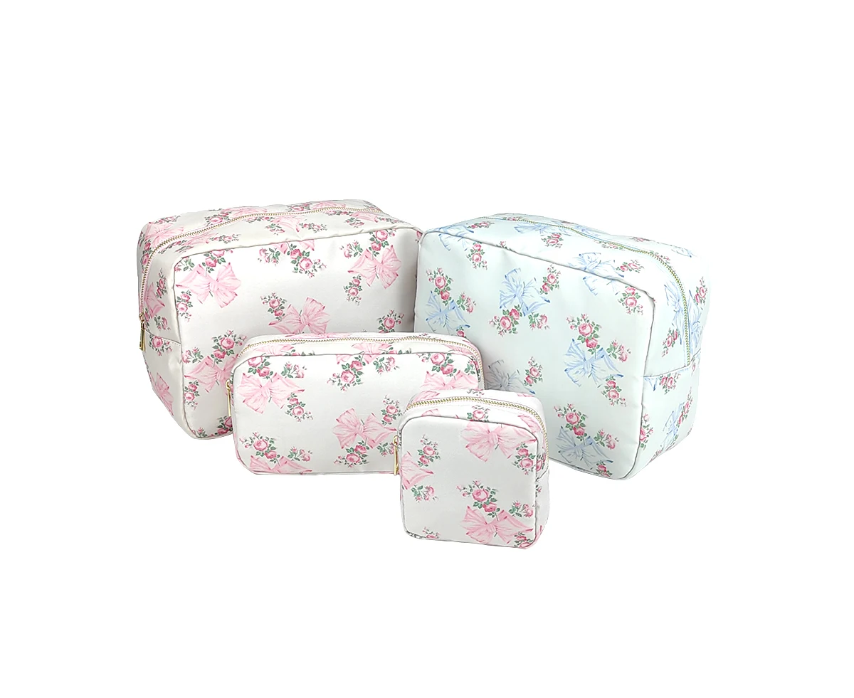 New S M L XL Pink Blue Printed Bow Cosmetic Bag Waterproof Ladies Storage Nylon Large Capacity Travel Bag Storage Bag