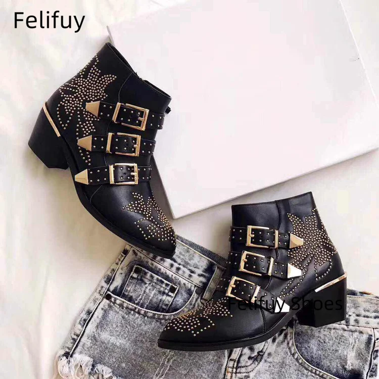 

Real Leather Round Toe Mid-Calf Belt Buckle Women Ankle Boots Gold Rivets Chunky Low Heels Side Zipper Design Large Size Shoes
