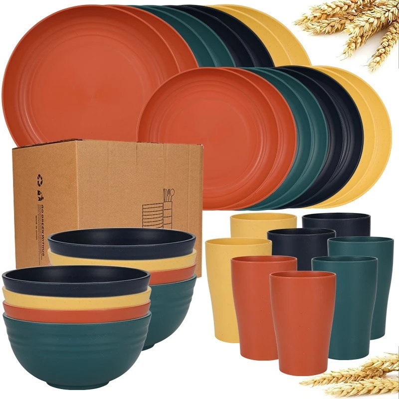 Wheat Straw Tableware Set, 32Pcs Dinner Plates, Rice Bowls, Water Cups & Bone Dishes, Home Kitchen Dinnerware Kit