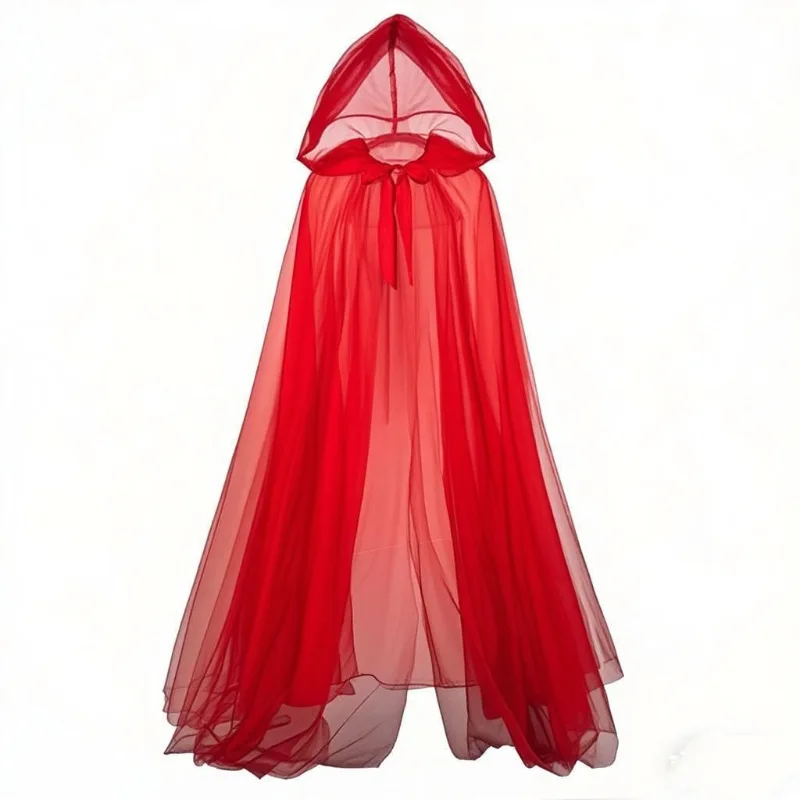 Long Hooded Mesh Cape Dark Cool Scarlet Witch Cloak Women Halloween Cosplay Party Role Play Outfit