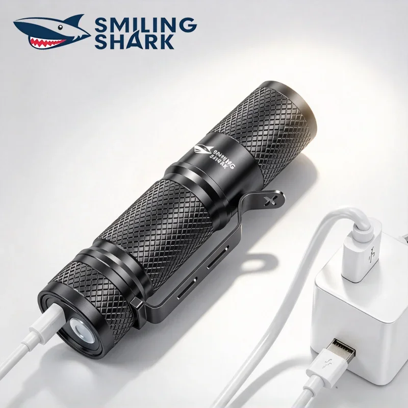 SMILING SHARK Ultra Powerful Mini LED Flashlight USB Rechargeable High Brightness EDC Torch With Metal Pen Clip Zoom Hand Lamp