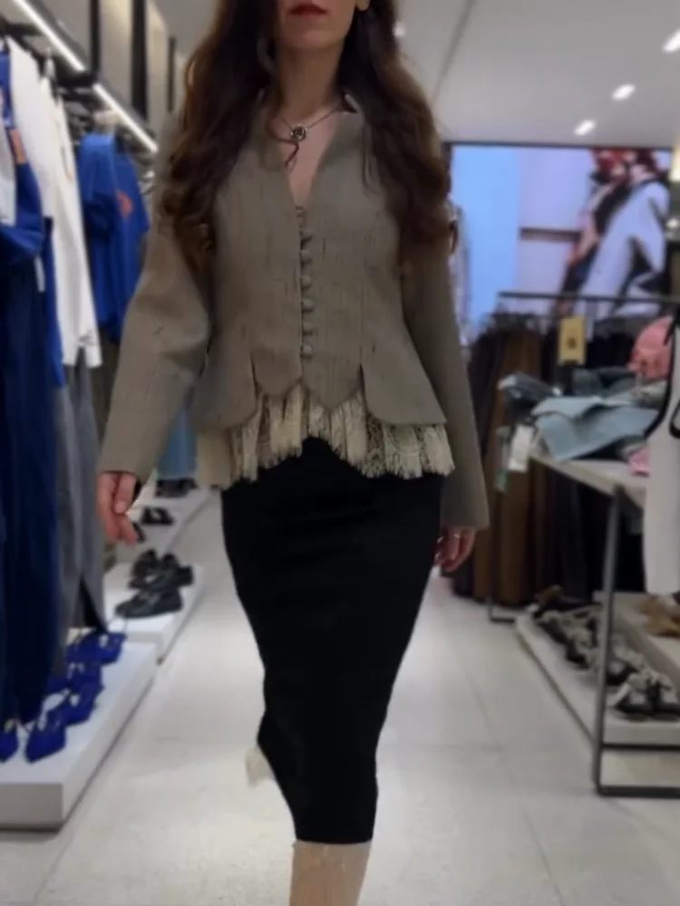 Women Lace Hem Peplum Suit Jacket Chic Stand Collar Single Breasted Slim Fit Short Coat Vintage Office Casual Daily Outerwear