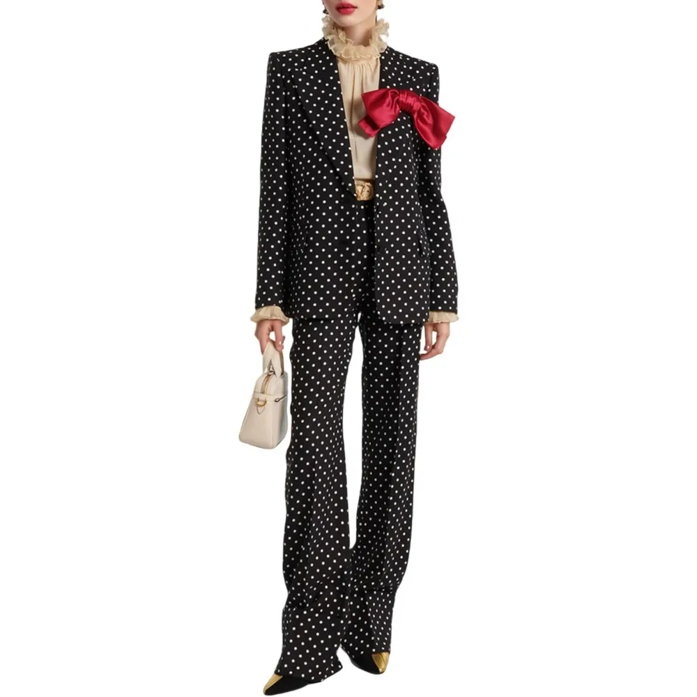 

Дизайнерский костюм для женщин, пиджак в горошек с бантом, комплекты из 2 предметов, куртка в винтажном стиле, брюки, наряд