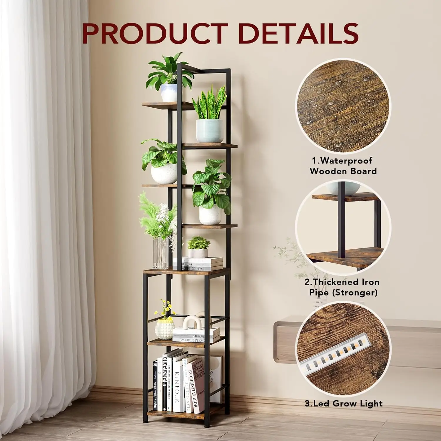 Indoor Plant Stand with Grow Lights, 7-Tiered Tall Plant Stand Indoor, Metal Frame, Ideal for Living Room (Brown)