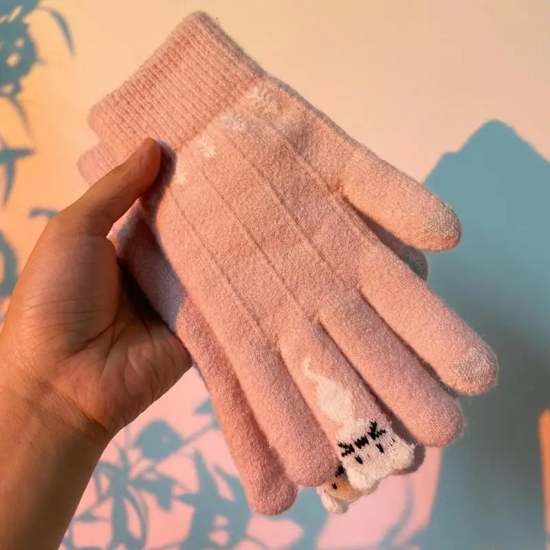 

31BF модные зимние перчатки с рисунком кошек и сенсорным экраном, трикотажные перчатки для рук, удобные ветрозащитные перчатки