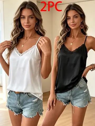 Summer plus Size Women's Camisole Vest Two-Piece Set Lace V-Neck Versatile Top Black White