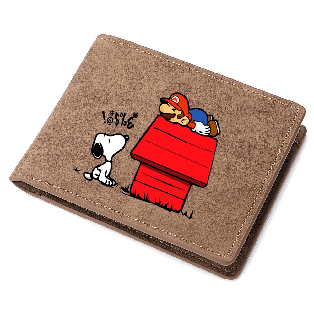 Snoopies Cartoon Men\'s Leather Wallet New ID Card Holder Zipper Wallet Foldable and Convenient Storage Credit Card Coin Purse