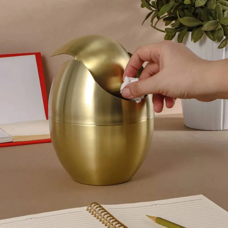 1.5L Egg Shaped Stainless Steel Trash Can with Lid, Gold Silver Desktop Waste Bin Creative Oval Storage Bucket Home Table Decor