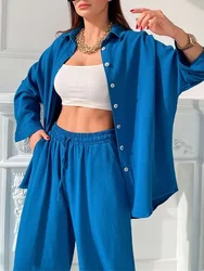 Women Pant Sets Shirt Tops Harem Pants Suit Spring Two Piece Set Matching Sets Lapel Shirt Drawstring Trousers Button Loose