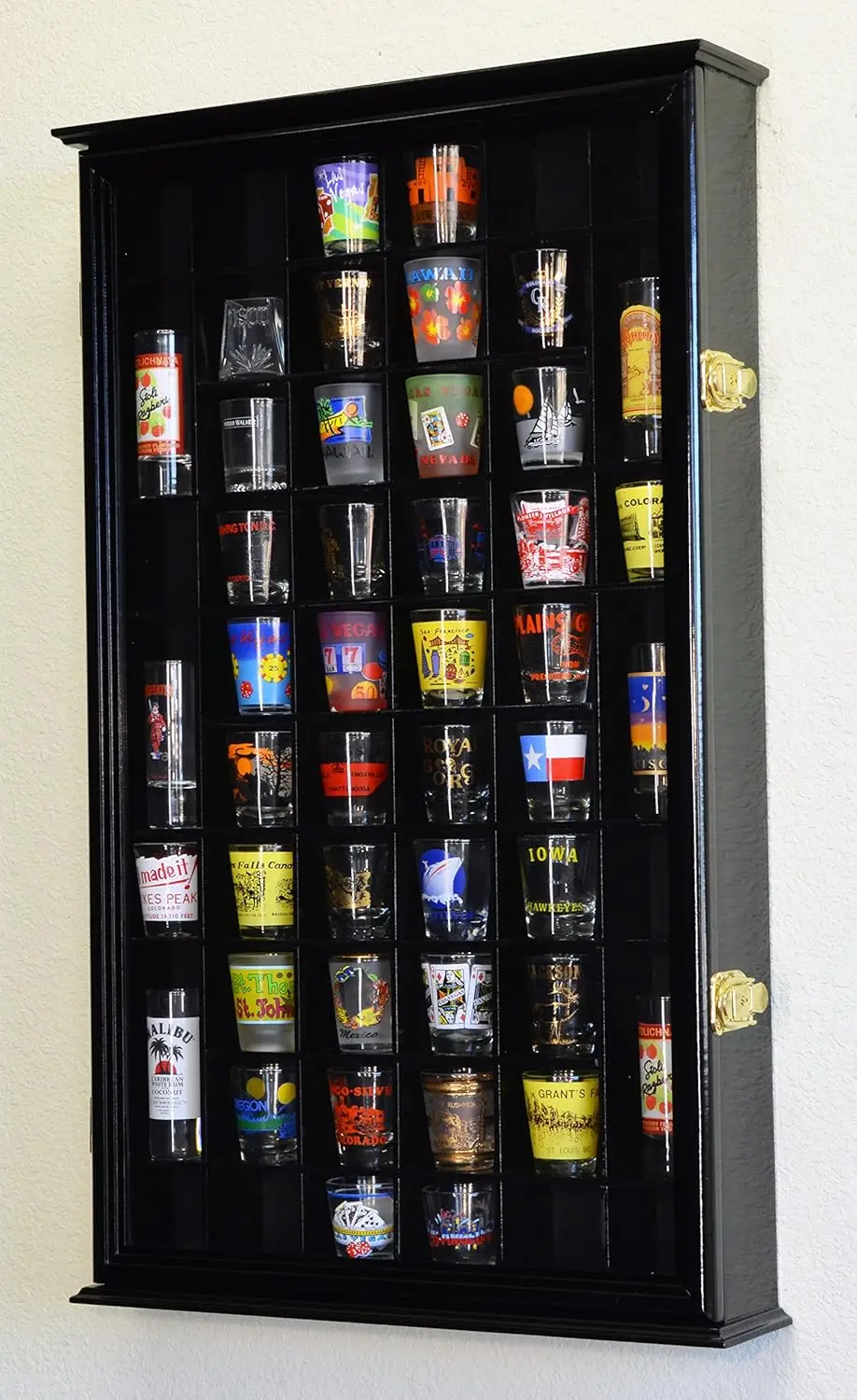 

54 Shot Glass Shotglass Shooter Display Case Holder Cabinet Wall Rack w/UV Protection -Black