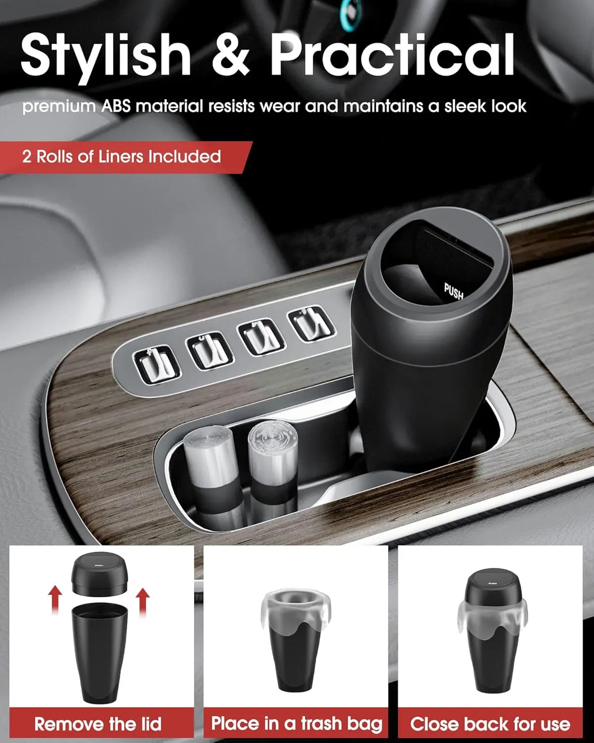 سلة مهملات السيارة - عبوتان، غطاء إغلاق تلقائي، سلة قمامة سهلة التنظيف مع أكياس للاستعمال مرة واحدة، أسود، 3.5 × 7.7 بوصة #2
