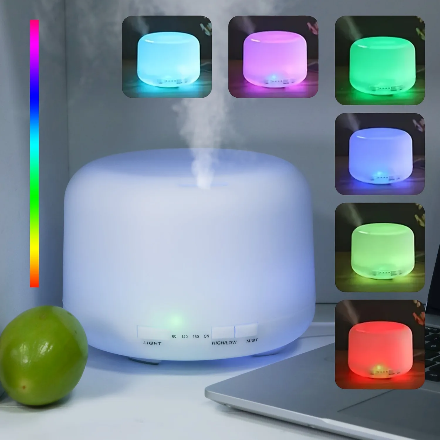 

Увлажнитель воздуха 500 мл, ультратихий, с 7 цветными светильниками, верхняя заливка, для ароматерапии эфирными маслами, с автоотключением, для спальни и офиса