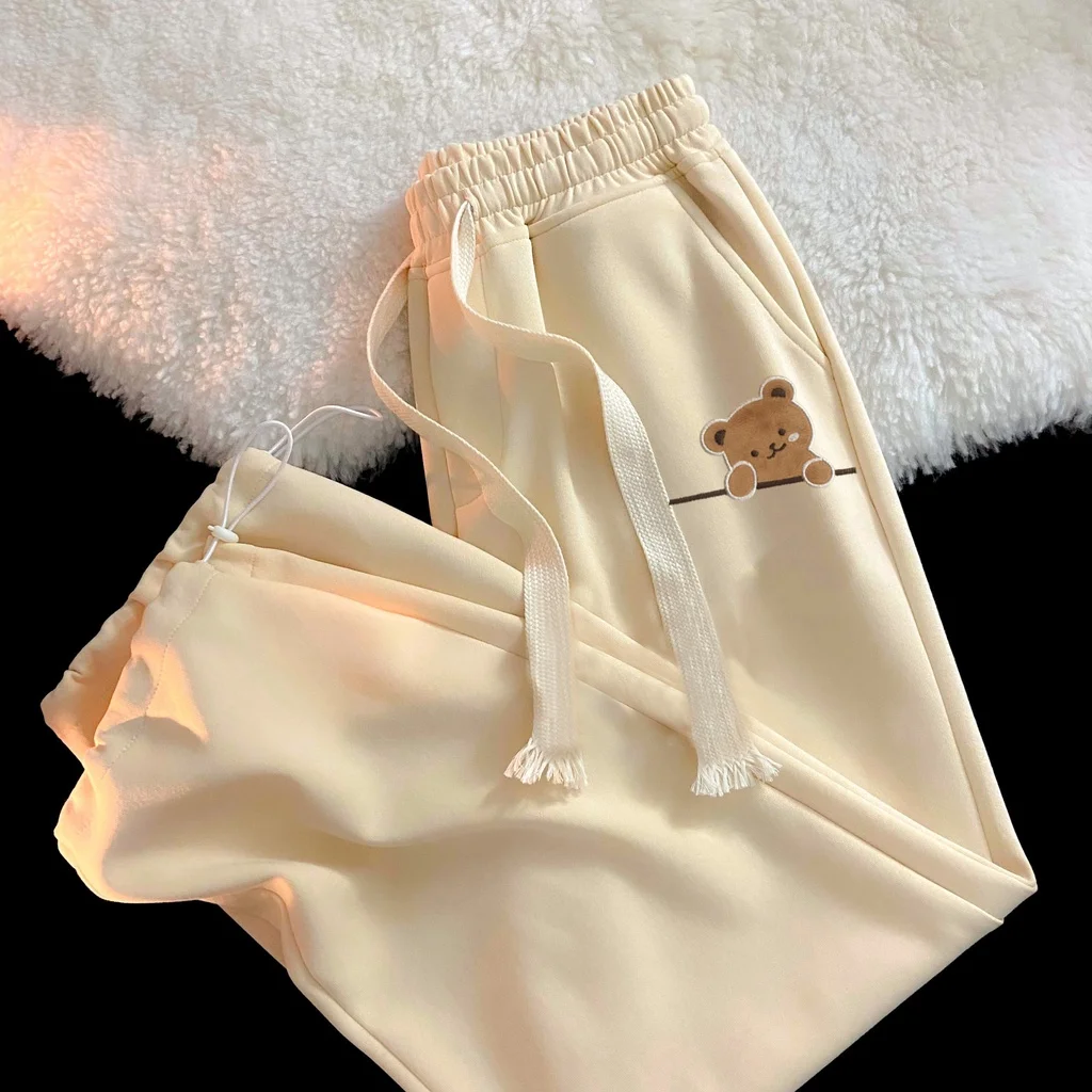 

Осенние повседневные брюки с милым медвежьим принтом на шнурке, новые женские брюки, спортивные спортивные штаны с прямыми штанинами, модные свободные широкие брюки