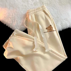 Autumn Cute Bear Print Drawstring Casual Pants Women's New Trousers Straight-leg Sports Sweatpants Fashion Loose Wide-leg Pants
