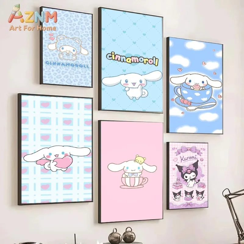 Cinnamoroll Kuromi Hello Kitty Canvas Poster Sanrio Cute Cartoon Wall Art Unframed Print Sweet Aesthetic Home Decor Gift