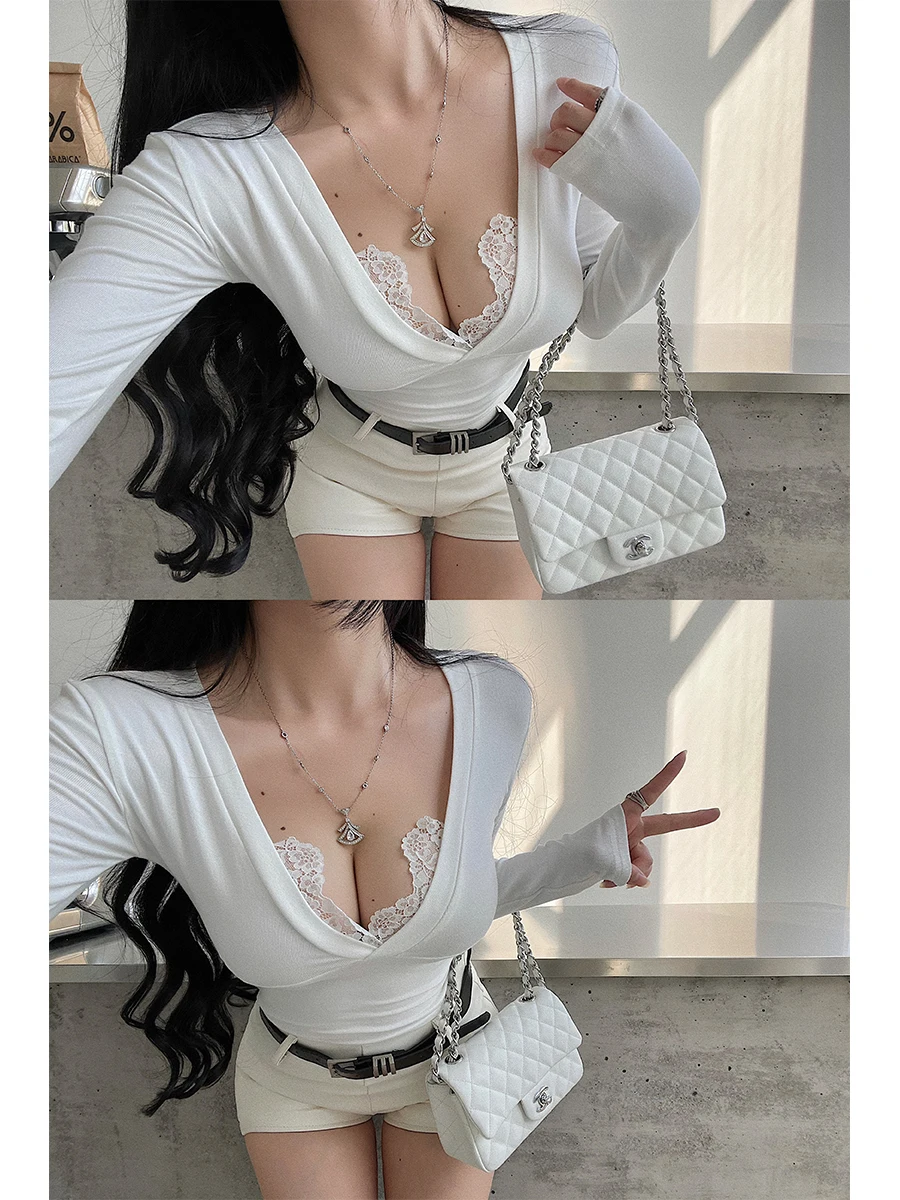Sexy Deep V-neck Lace Splice Slimming Long Sleeve T-shirt Base Layer Top for Young Girls Pure Desire Spicy Girl Style Cotton ...