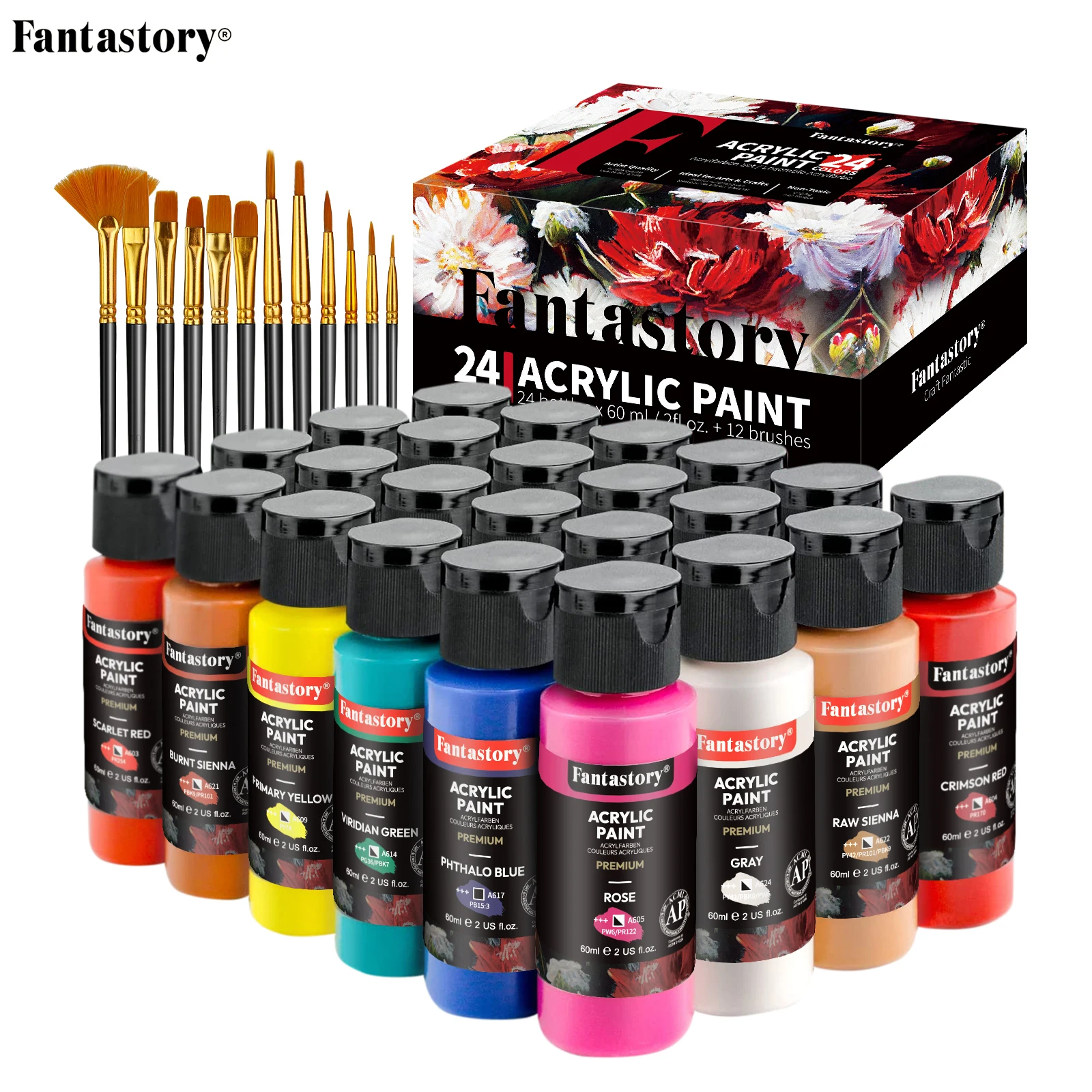 Fantastory 24 Classic Colour(2oz/60ml) Acrylic Paint Set, Professional Craft Paint, with 12 Brushes