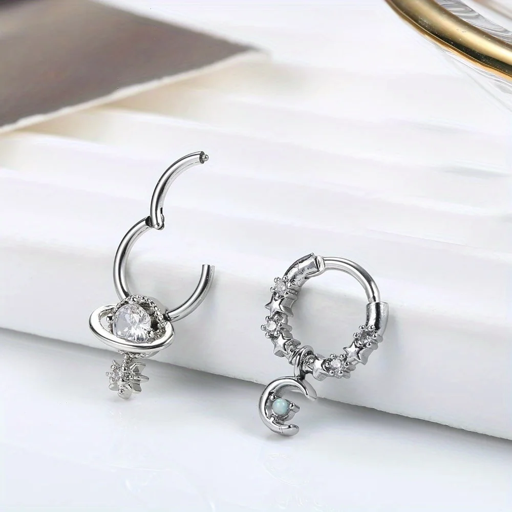 DOLOTTA 1Pcs 16G Surgical Steel Septum Rings for Women Dangle Blue Planet Moon Star CZ Daith Helix Nose Ring Piercing Jewelry